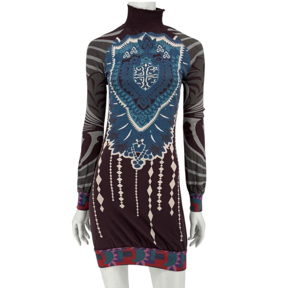 Custo Barcelona High-Neck Printed Long-Sleeve Mini Dress – Size Small